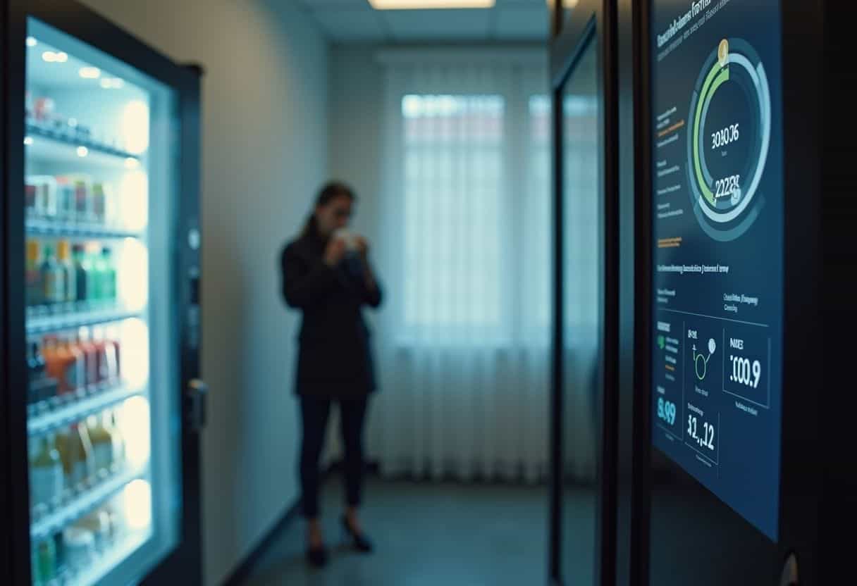Vending machine electricity cost UK showing a modern energy-efficient Irelley vending machine with LED lighting and smart cooling