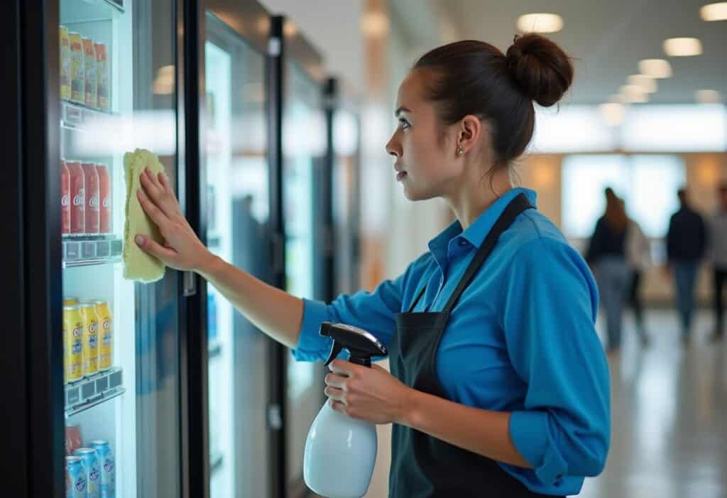 Clean a vending machine showing an operator wiping down the exterior glass and selection panel of a vending machine with cleaning supplies nearby
