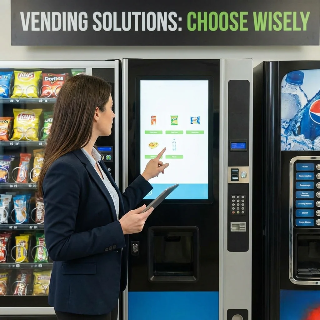 Choose the right vending machine showing different Irelley vending machine types including combo drinks and snack machines side by side