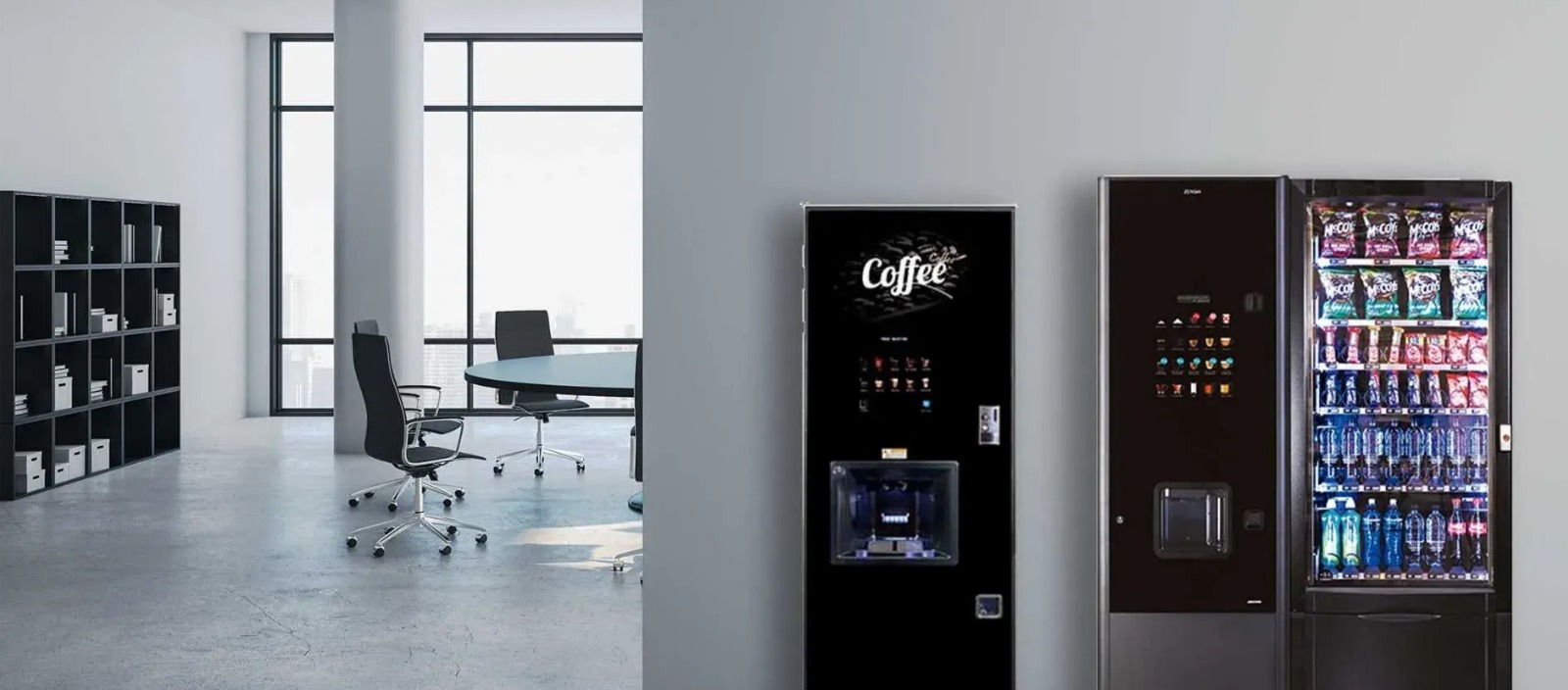 Vending machines for offices in a modern UK office breakout area