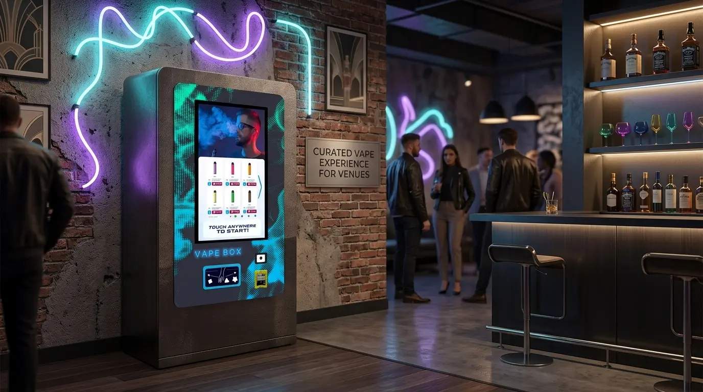 Nightclub vending machine with water and essentials in a UK club corridor