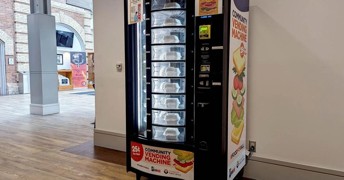 Community hall vending machine in a UK village hall foyer
