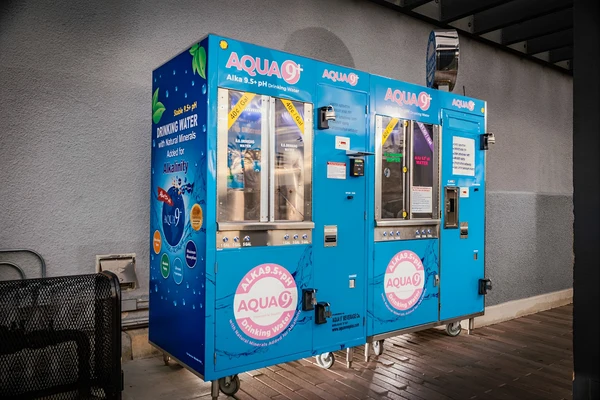 Water vending machine with chilled bottled water at a UK leisure centre