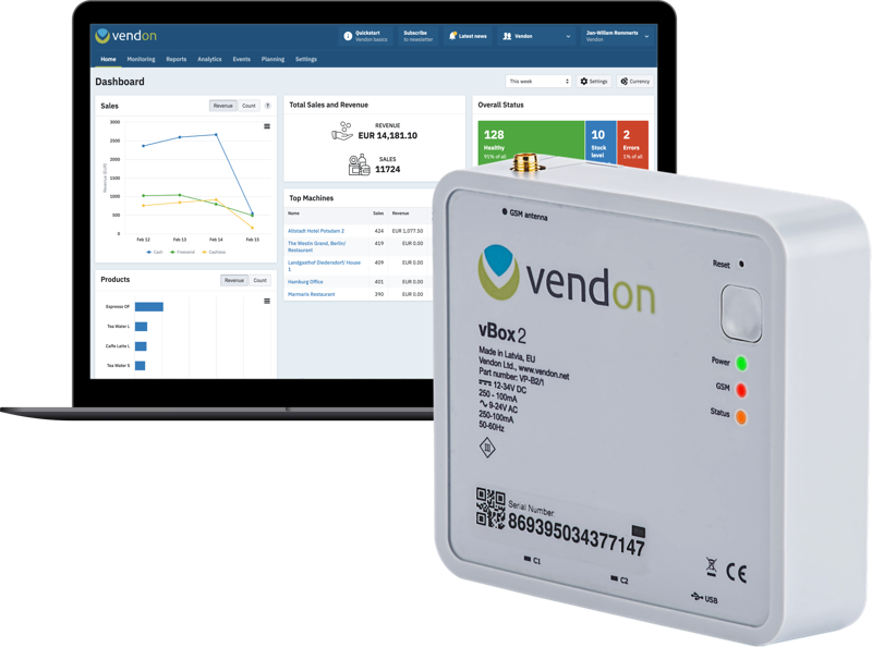 Vending machine telemetry dashboard showing remote sales and stock data