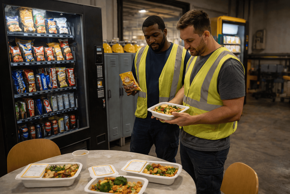 Fresh food vending machine with chilled sandwiches and salads in a UK workplace
