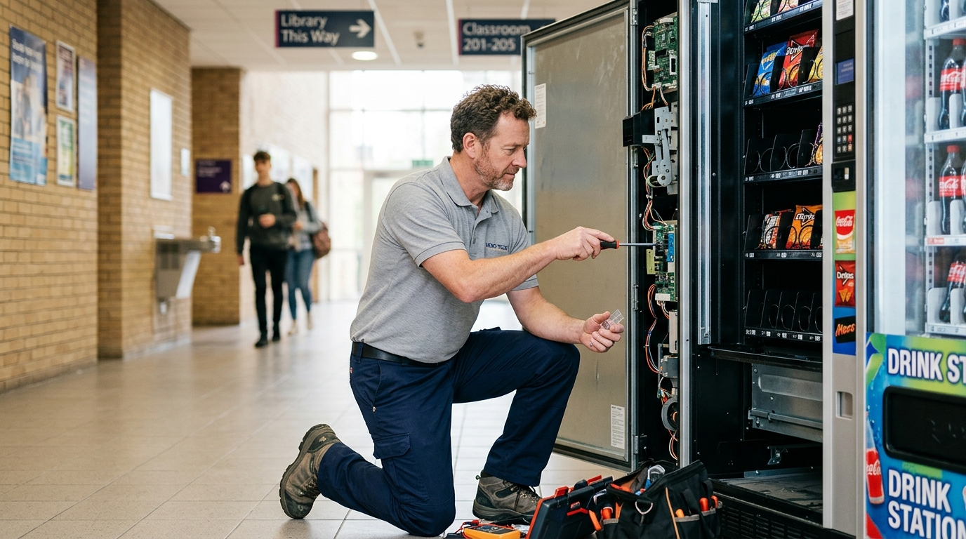 Vending machine troubleshooting with the front panel open for routine checks