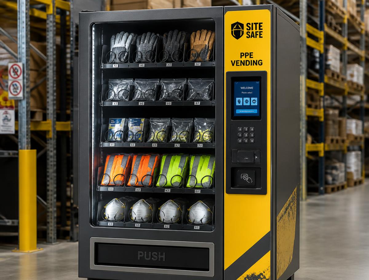 PPE vending machine with gloves and safety glasses at a UK warehouse entrance