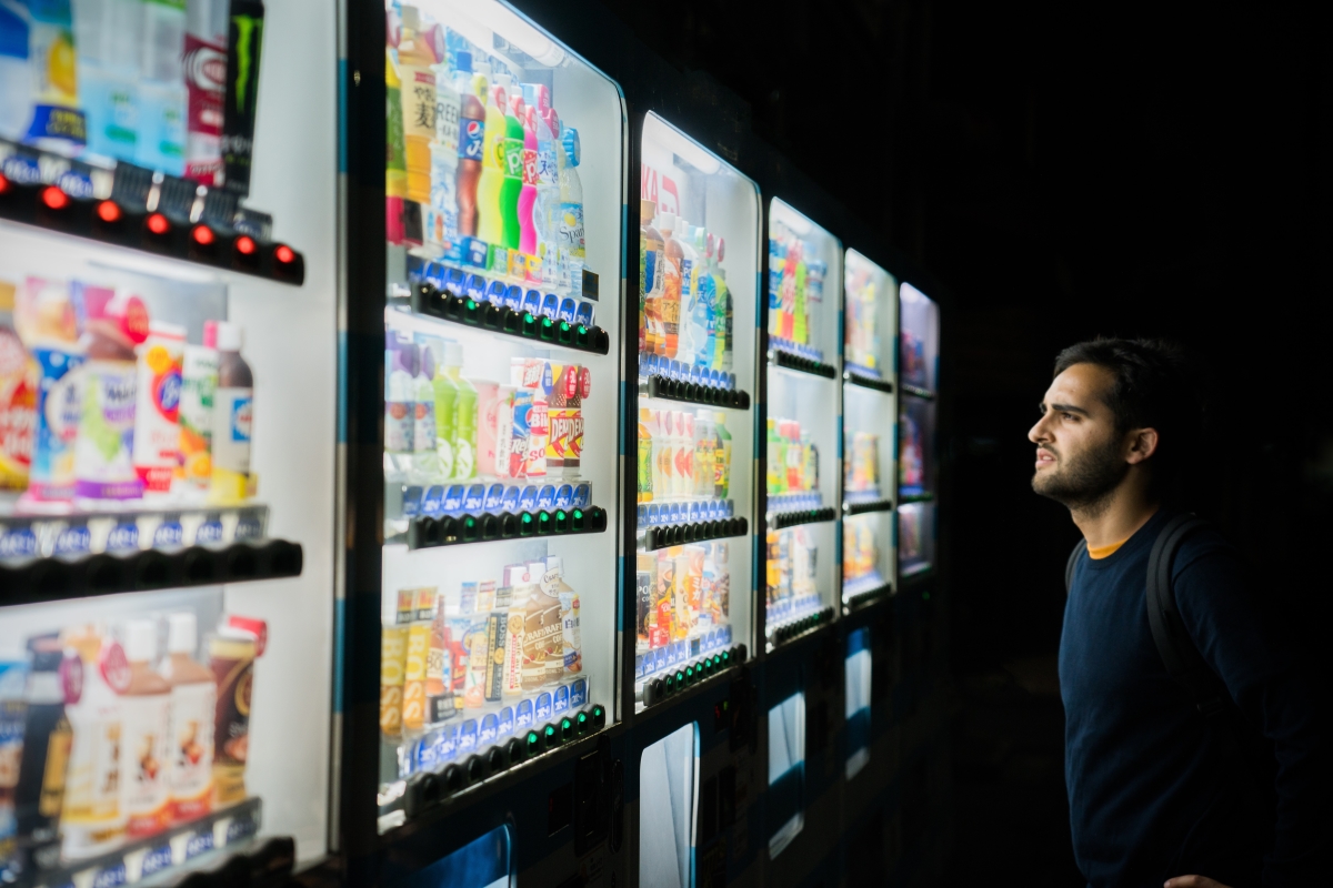 Smart vending machine with touchscreen menu in a modern UK office