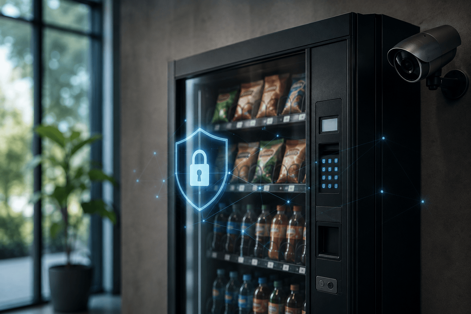 Vending machine security with anchored cashless machine under CCTV