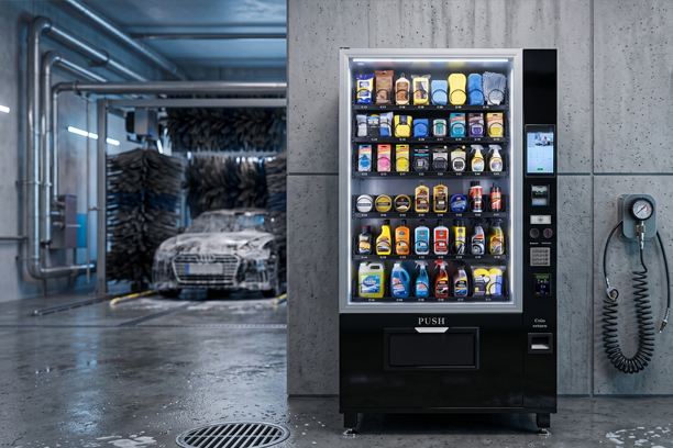 Vending machines for car washes under a canopy at a UK hand car wash