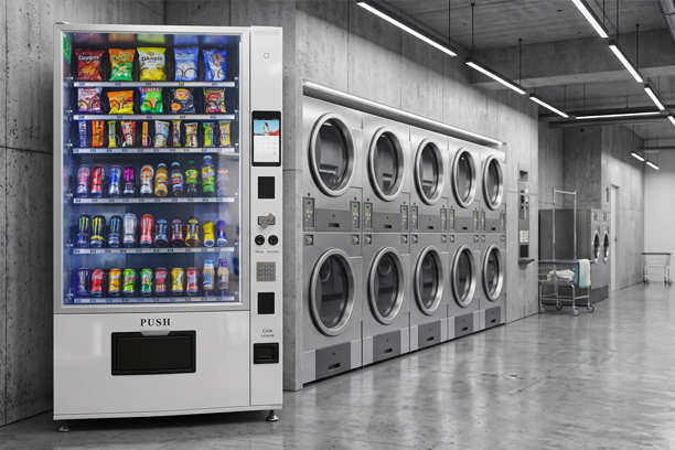 Launderette vending machine beside washers in a UK laundrette